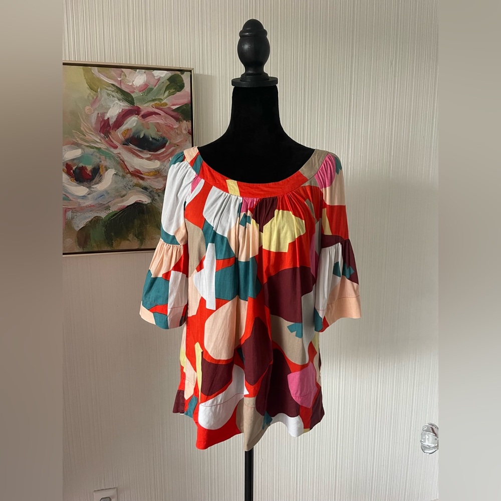 French Connection retro smock top size 4 bold abstract print bell sleeves